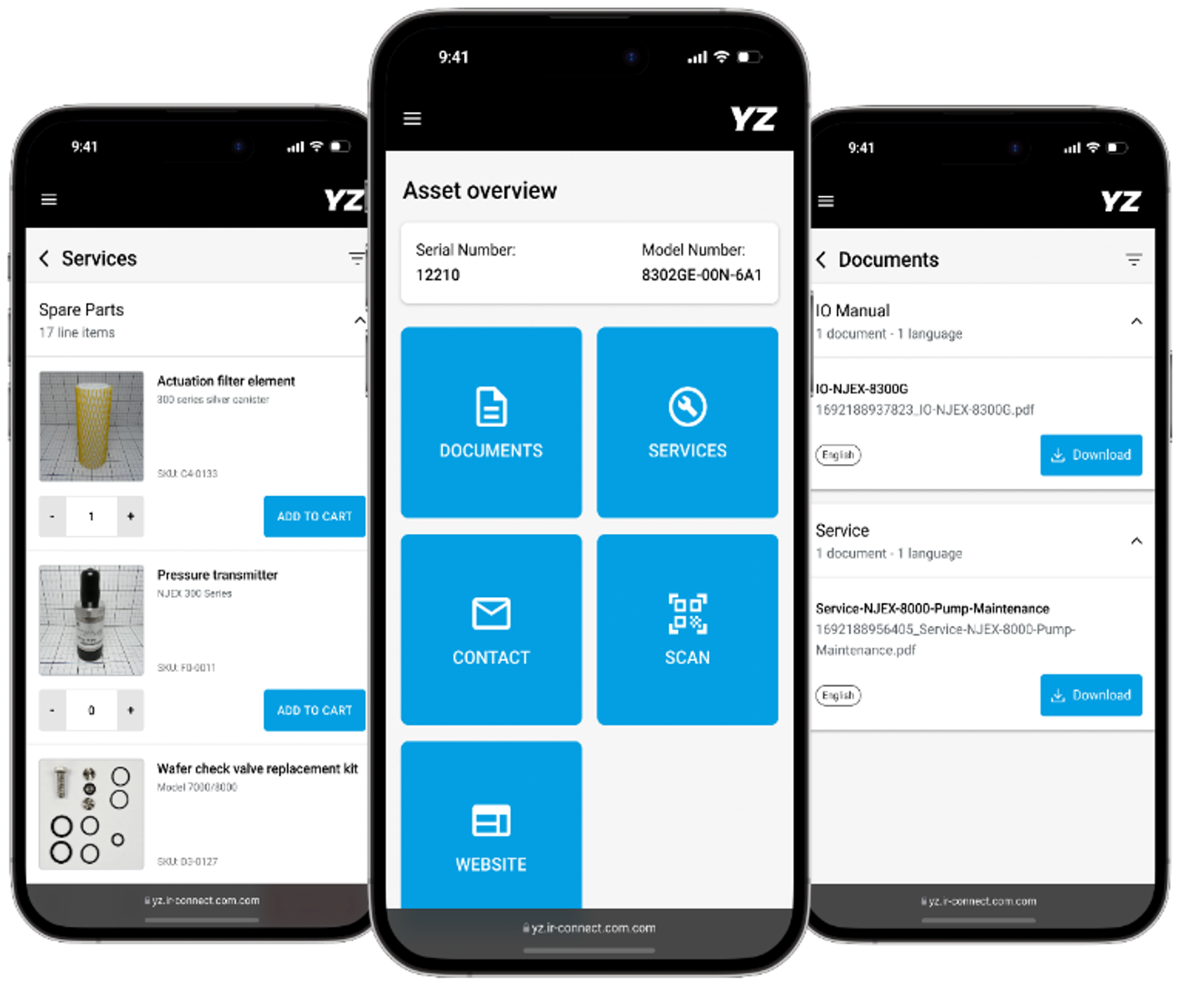 Mobile phones showing pages of the YZ Service Point App to order spare parts and see manuals.